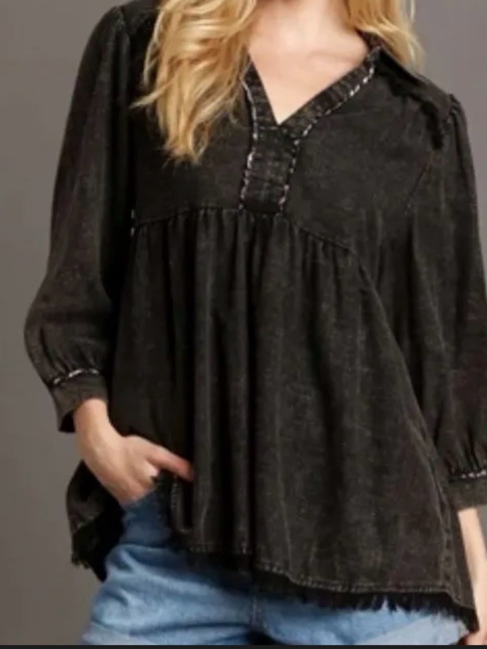 Black V-Neck Peasant Blouse - Women Tops